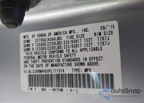 2015 Honda Cr-V Ex from USA, damaged, VIN 5J6RM4H5XFL111014